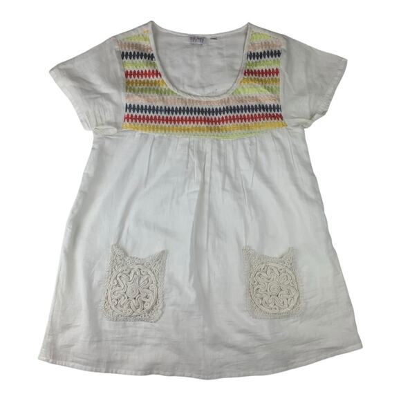Funky People women's medium White Top with Colorful Accents granny square pocket - Picture 1 of 10